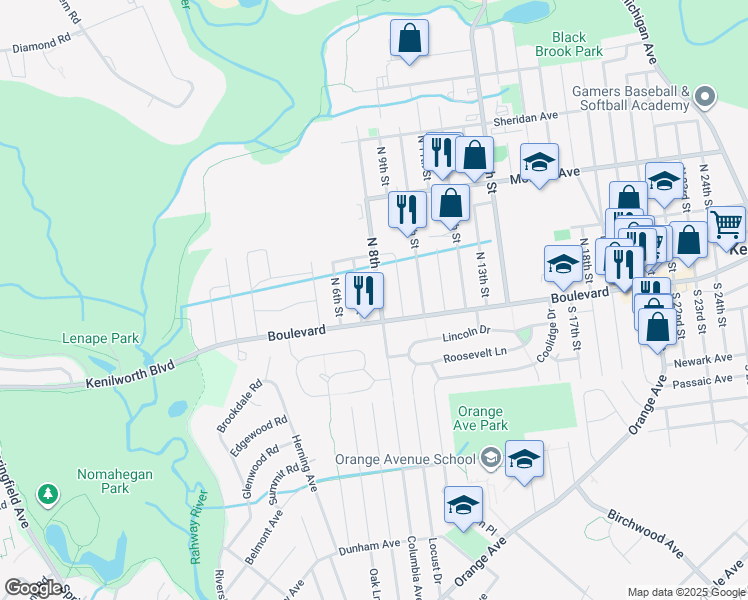 map of restaurants, bars, coffee shops, grocery stores, and more near 15 North 7th Street in Kenilworth