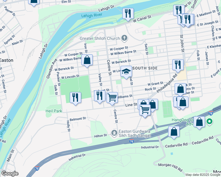 map of restaurants, bars, coffee shops, grocery stores, and more near 804 Centre Street in Easton
