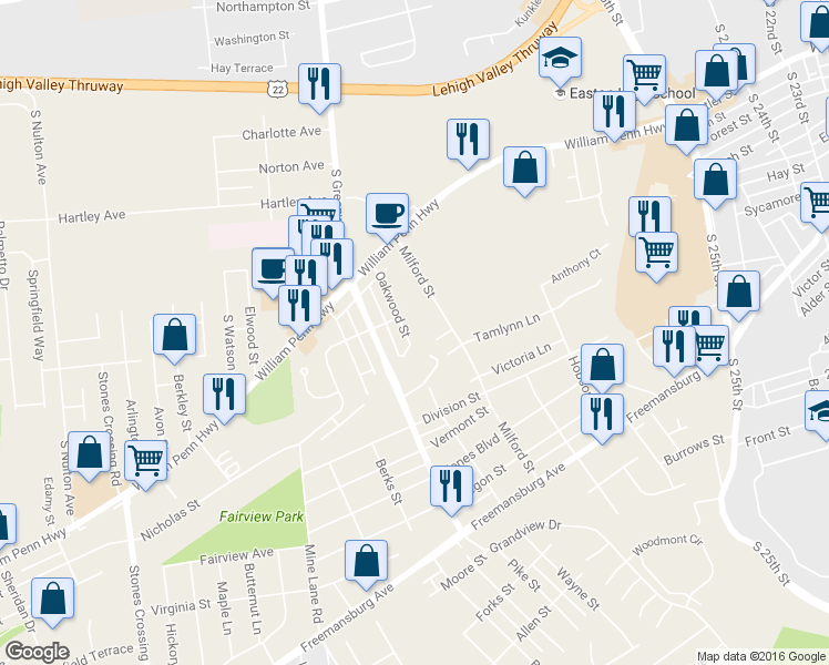 map of restaurants, bars, coffee shops, grocery stores, and more near 610 Oakwood Street in Easton