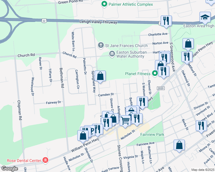map of restaurants, bars, coffee shops, grocery stores, and more near 4013 Arch Street in Easton