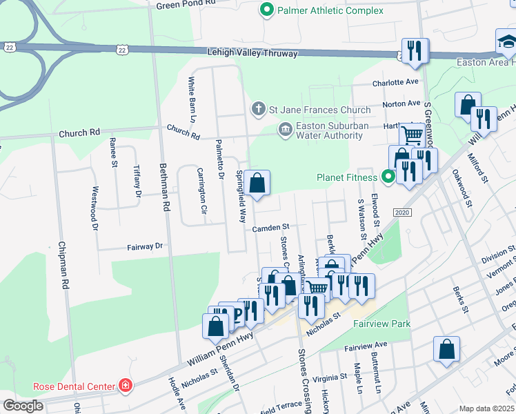 map of restaurants, bars, coffee shops, grocery stores, and more near 4013 Arch Street in Easton