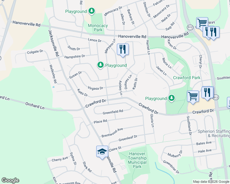map of restaurants, bars, coffee shops, grocery stores, and more near 4434 Kathi Drive in Bethlehem