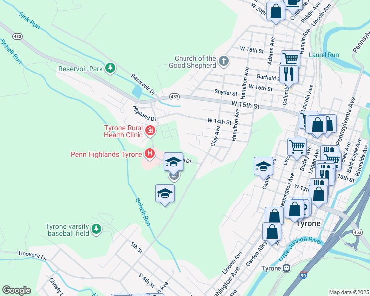 map of restaurants, bars, coffee shops, grocery stores, and more near 801-899 Engelman Drive in Tyrone