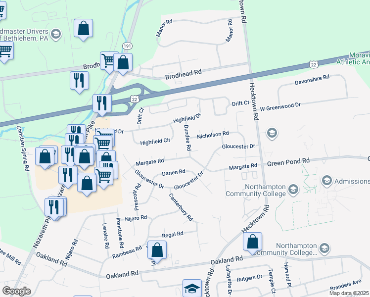 map of restaurants, bars, coffee shops, grocery stores, and more near 3875 Dundee Road in Bethlehem