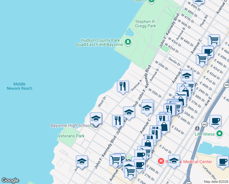 map of restaurants, bars, coffee shops, grocery stores, and more near 31 Newark Bay Court in Bayonne