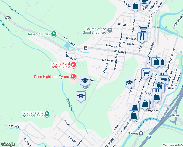 map of restaurants, bars, coffee shops, grocery stores, and more near 801 Engelman Drive in Tyrone