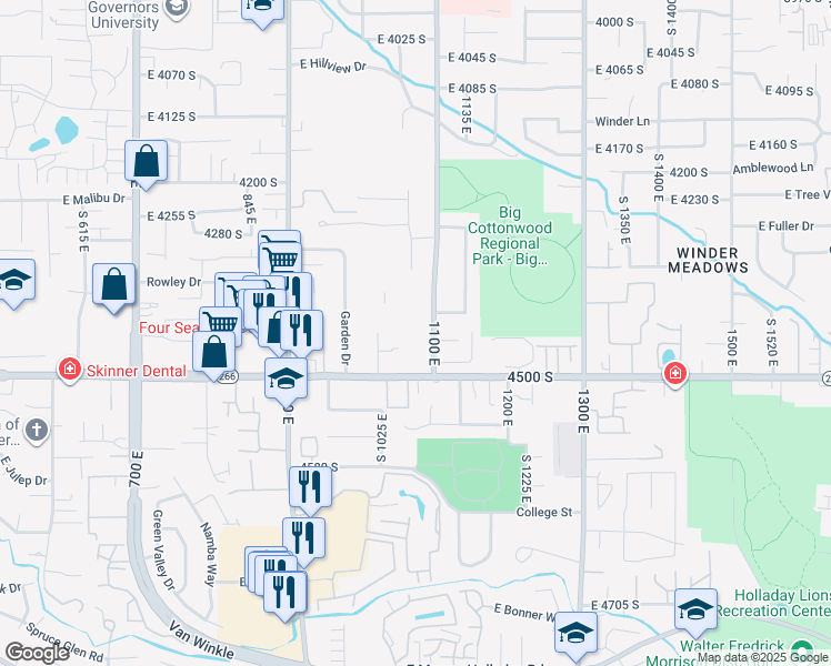 map of restaurants, bars, coffee shops, grocery stores, and more near 4402 South 1100 East in Millcreek