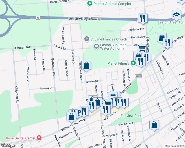 map of restaurants, bars, coffee shops, grocery stores, and more near 4013 Arch Street in Easton