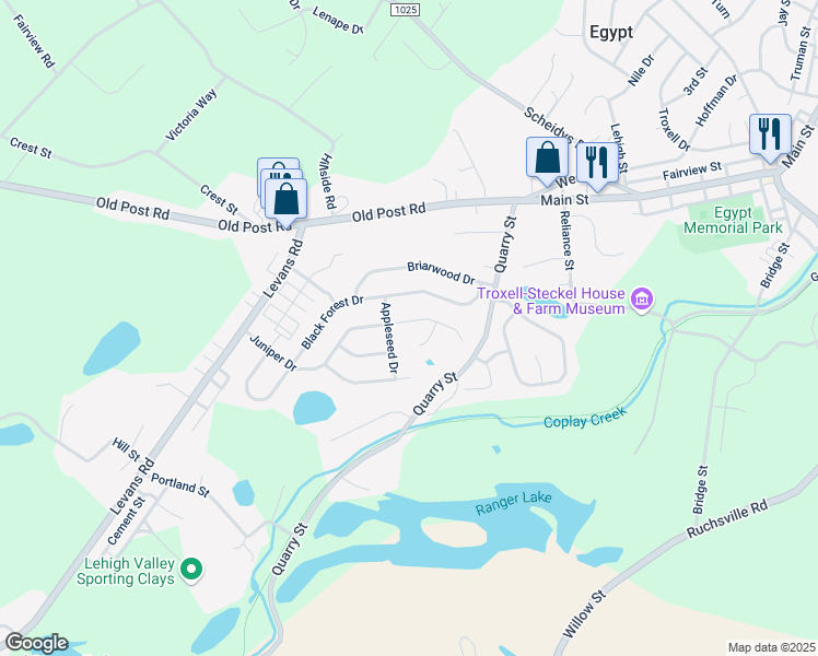 map of restaurants, bars, coffee shops, grocery stores, and more near 2242 Juniper Drive in Coplay