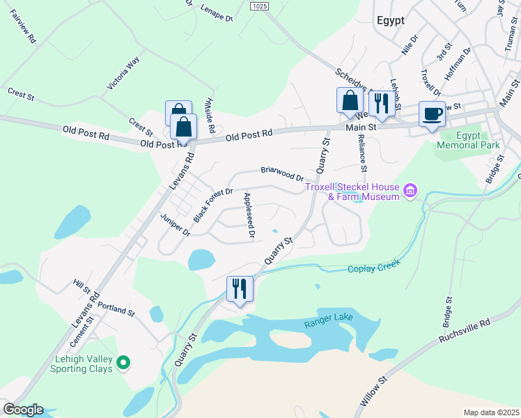 map of restaurants, bars, coffee shops, grocery stores, and more near 2242 Juniper Drive in Coplay