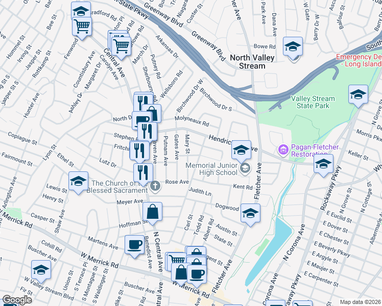 map of restaurants, bars, coffee shops, grocery stores, and more near 73 Mary Street in Valley Stream