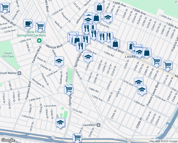 map of restaurants, bars, coffee shops, grocery stores, and more near 218-12 137th Avenue in Queens