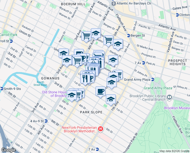 map of restaurants, bars, coffee shops, grocery stores, and more near 212 5th Avenue in Brooklyn