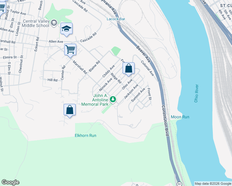 map of restaurants, bars, coffee shops, grocery stores, and more near 1046 Ohio Avenue in Monaca