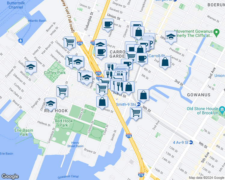 map of restaurants, bars, coffee shops, grocery stores, and more near 155 West 9th Street in Brooklyn
