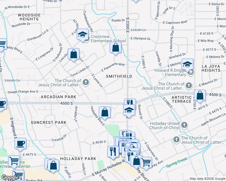 map of restaurants, bars, coffee shops, grocery stores, and more near 2227 East Lauri Kay Drive in Holladay