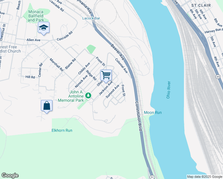 map of restaurants, bars, coffee shops, grocery stores, and more near 844 Summit Ave in Monaca