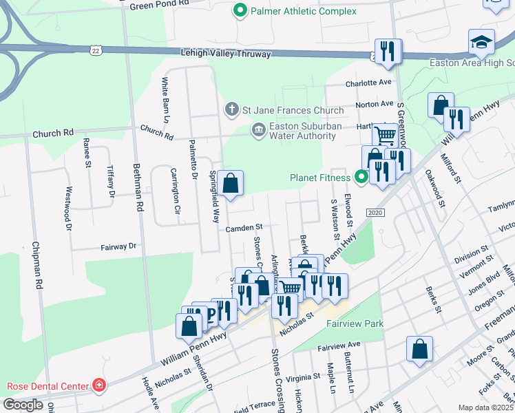 map of restaurants, bars, coffee shops, grocery stores, and more near 379 Stones Crossing Road in Easton
