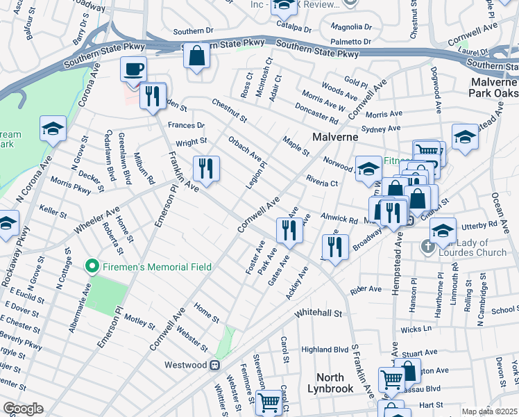map of restaurants, bars, coffee shops, grocery stores, and more near 6 Slabey Avenue in Malverne