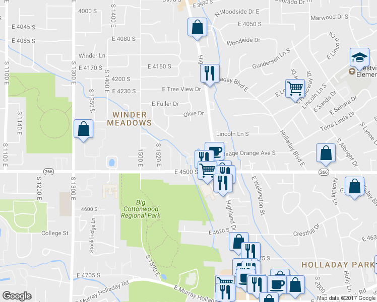 map of restaurants, bars, coffee shops, grocery stores, and more near 1669 Roycroft Place in Millcreek
