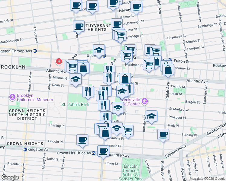 map of restaurants, bars, coffee shops, grocery stores, and more near 1754 Dean Street in Brooklyn