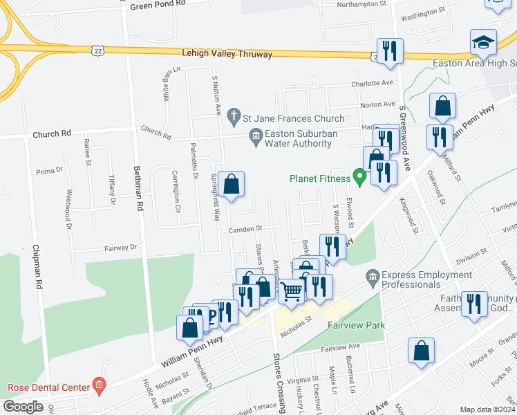 map of restaurants, bars, coffee shops, grocery stores, and more near 379 Stones Crossing Road in Easton