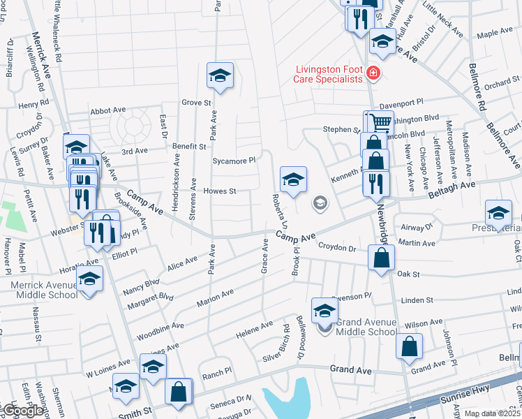 map of restaurants, bars, coffee shops, grocery stores, and more near 2336 Birch Street in Merrick