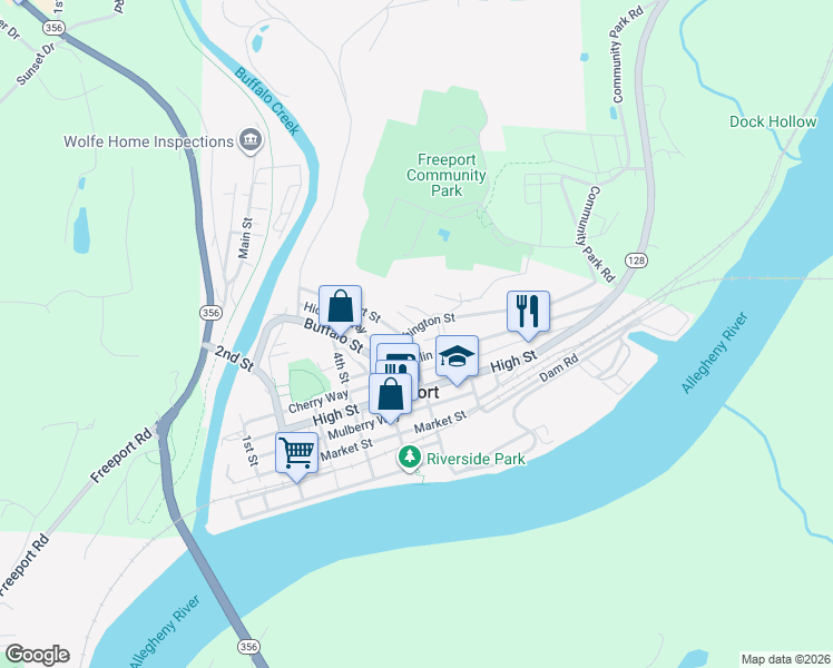 map of restaurants, bars, coffee shops, grocery stores, and more near 122 Washington Street in Freeport