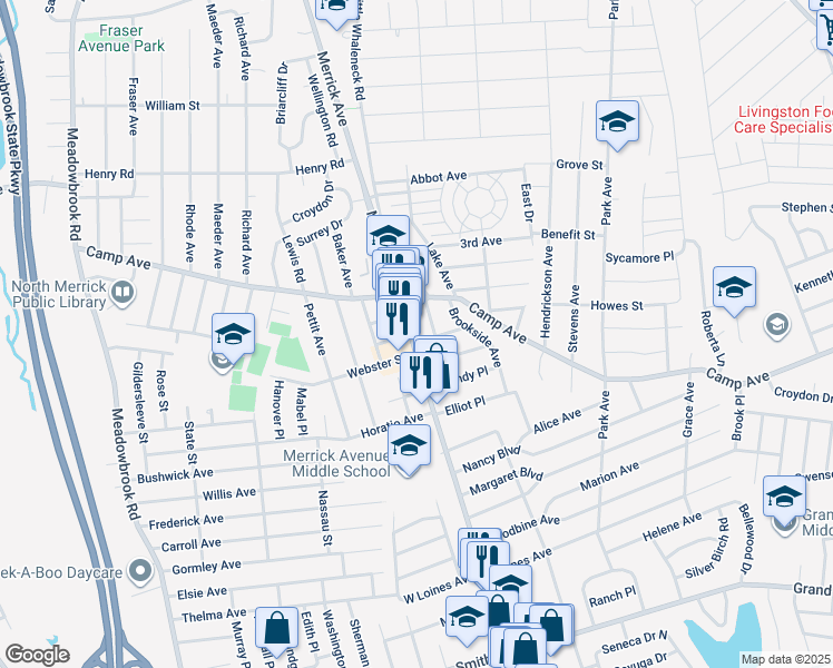 map of restaurants, bars, coffee shops, grocery stores, and more near 1757 Merrick Avenue North in Merrick