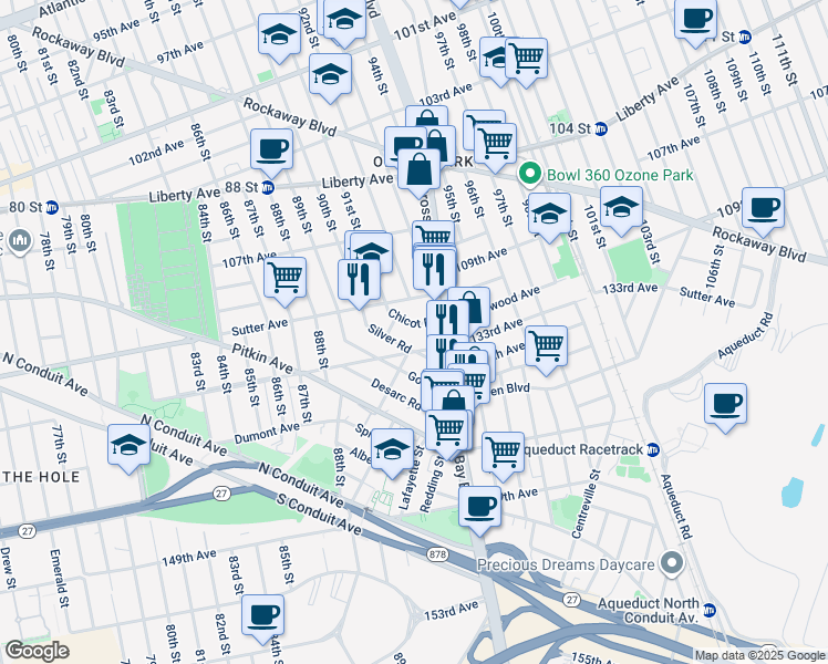 map of restaurants, bars, coffee shops, grocery stores, and more near 91-40 Chicot Road in Queens