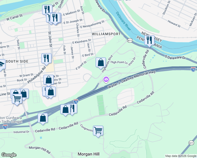 map of restaurants, bars, coffee shops, grocery stores, and more near 420 Highlands Boulevard in Easton