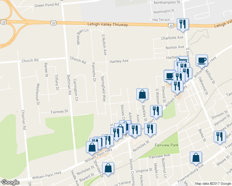 map of restaurants, bars, coffee shops, grocery stores, and more near 4013 Arch Street in Easton