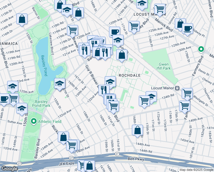 map of restaurants, bars, coffee shops, grocery stores, and more near 163-25 130th Avenue in Queens