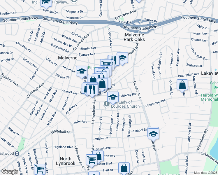 map of restaurants, bars, coffee shops, grocery stores, and more near 53 Church Street in Malverne