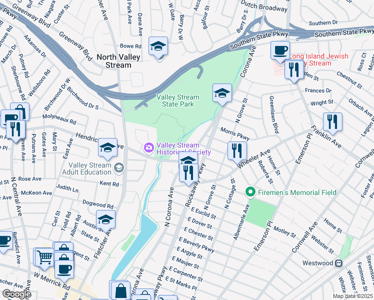 map of restaurants, bars, coffee shops, grocery stores, and more near 400 North Corona Avenue in Valley Stream