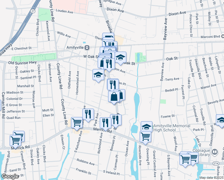 map of restaurants, bars, coffee shops, grocery stores, and more near 121 Park Avenue in Amityville