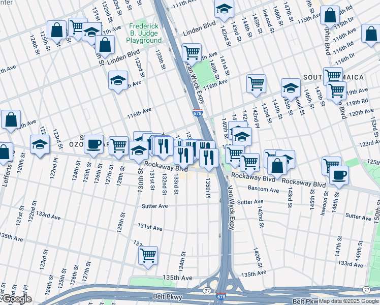 map of restaurants, bars, coffee shops, grocery stores, and more near 134-03 120th Avenue in Queens