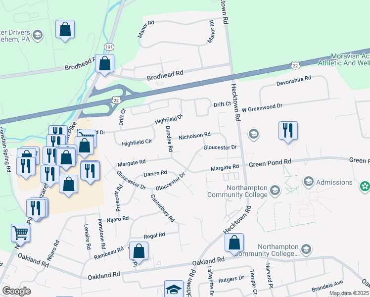 map of restaurants, bars, coffee shops, grocery stores, and more near 3509 Dundee Court in Bethlehem