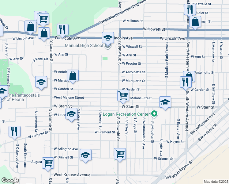map of restaurants, bars, coffee shops, grocery stores, and more near 2510 West Garden Street in Peoria