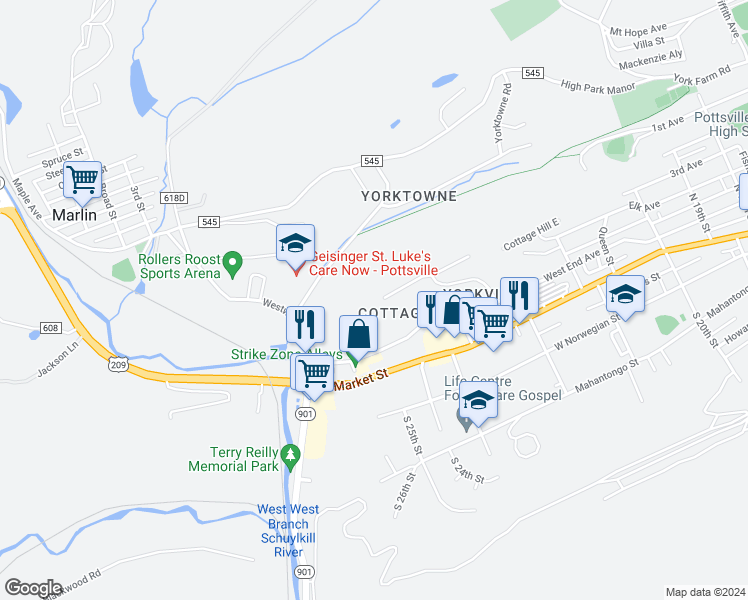 map of restaurants, bars, coffee shops, grocery stores, and more near 8 Cottage Hill West in Pottsville