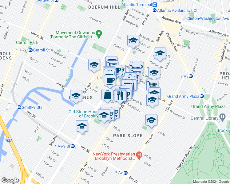 map of restaurants, bars, coffee shops, grocery stores, and more near 574 Carroll Street in Brooklyn