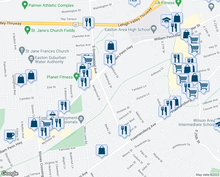 map of restaurants, bars, coffee shops, grocery stores, and more near 605 Oakwood Street in Easton