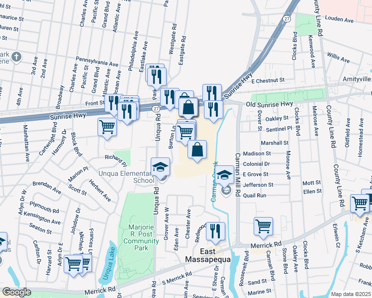 map of restaurants, bars, coffee shops, grocery stores, and more near 5508 Sunrise Highway in Massapequa