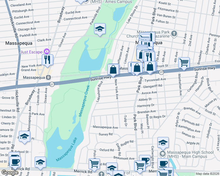 map of restaurants, bars, coffee shops, grocery stores, and more near 33 Glengariff Road in Massapequa Park