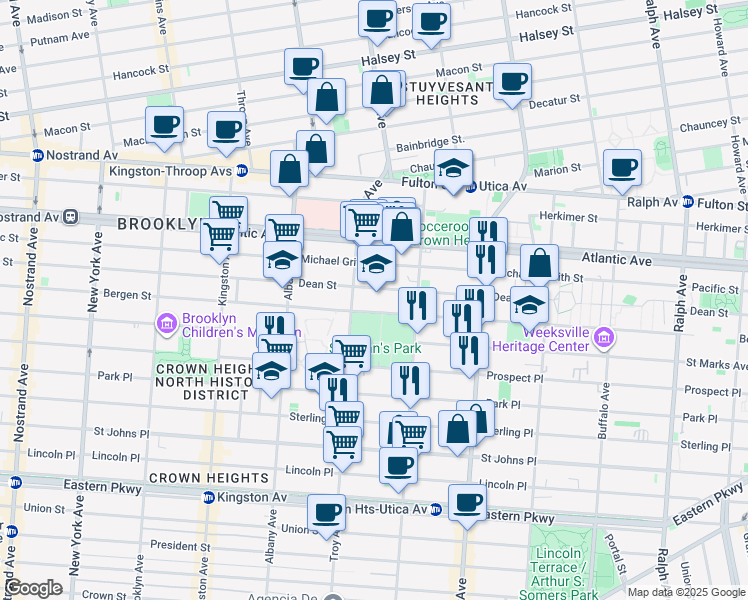 map of restaurants, bars, coffee shops, grocery stores, and more near 117 Troy Avenue in Brooklyn
