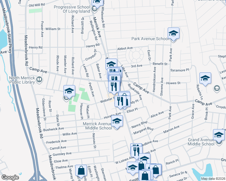 map of restaurants, bars, coffee shops, grocery stores, and more near 1757 Merrick Avenue North in Merrick
