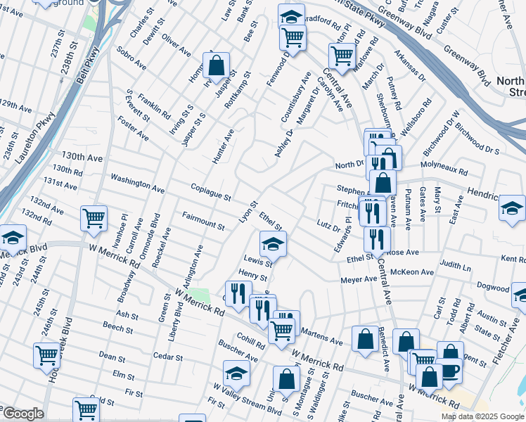 map of restaurants, bars, coffee shops, grocery stores, and more near 205 Ethel Street in Valley Stream