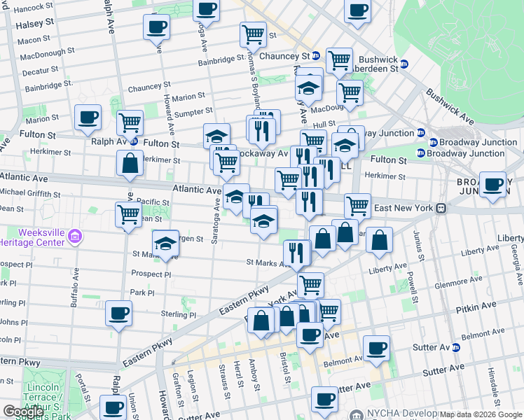 map of restaurants, bars, coffee shops, grocery stores, and more near Pacific Street in Brooklyn