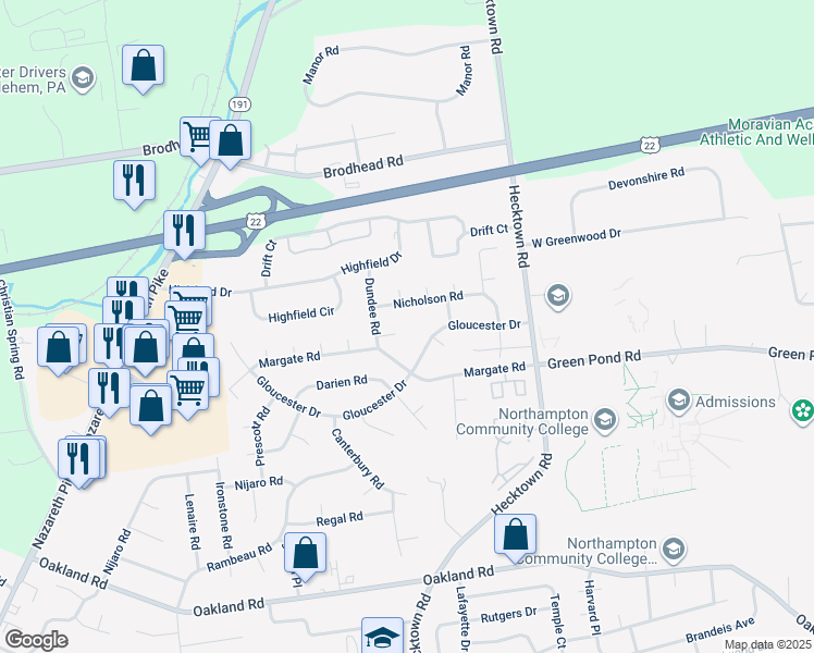 map of restaurants, bars, coffee shops, grocery stores, and more near 3509 Dundee Court in Bethlehem