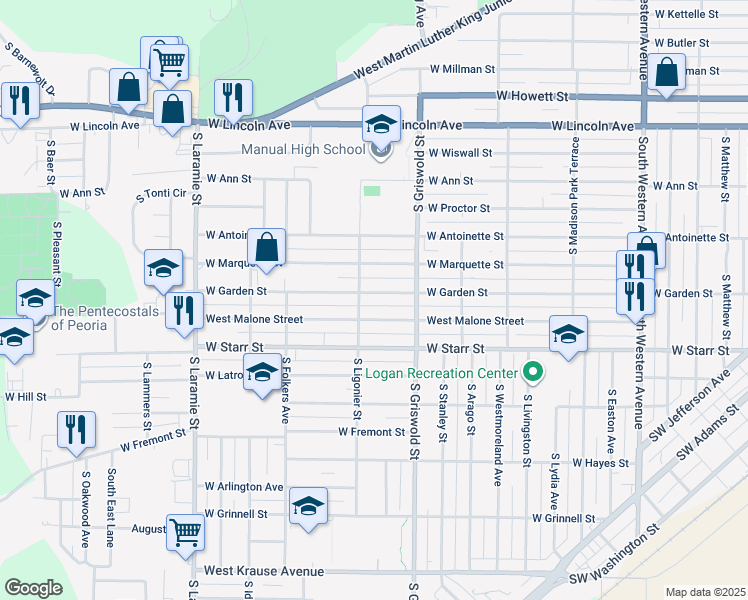map of restaurants, bars, coffee shops, grocery stores, and more near 2510 West Garden Street in Peoria